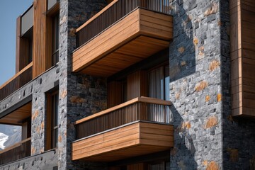 Mountain view apartment exterior with stone cladding wooden balconies and panoramic windows Crisp shadows emphasize textures ultra surfaces