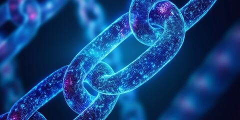 Close up of a digital chain link with a blue and purple glow on a dark abstract background