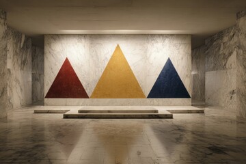 Three colored triangles on marble wall in room marble floor