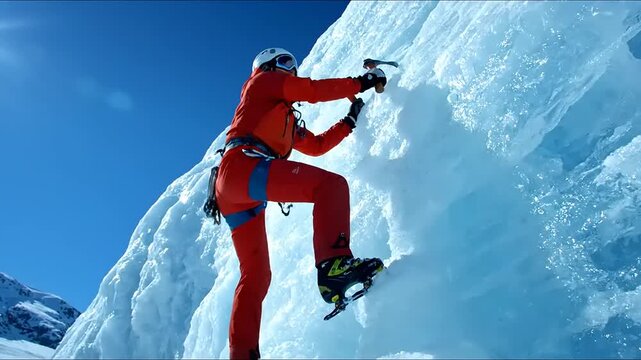 Climber Ascending Steep Ice Wall.