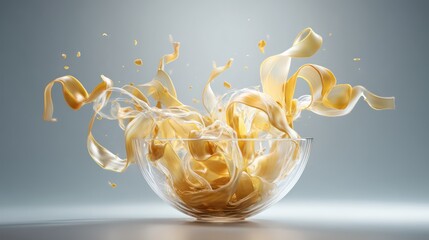 Noodles defy gravity, extending outward from a transparent bowl in free-floating arcs. Steam curls elegantly, captured with immaculate sharpness.
