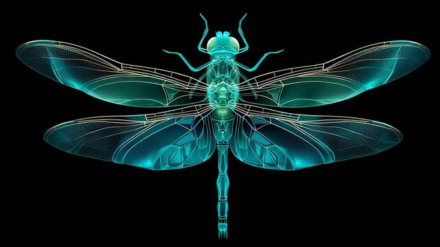 Glowing blue dragonfly with transparent wings on black background