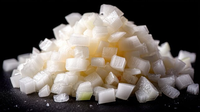 Close up of freshly diced white onions in studio lighting