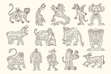 Imaginary mythical creatures and grotesque hybrids in medieval line art style	
