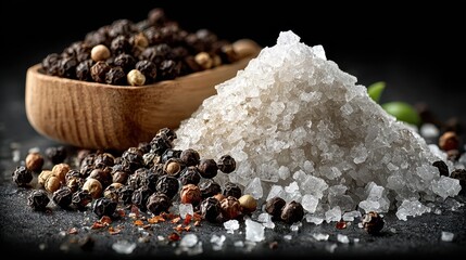 Close up of sea salt crystals and peppercorns on dark surface