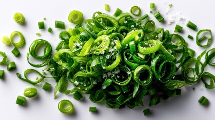 Chopped chives in a pile with salt on a white surface