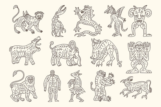Imaginary mythical creatures and grotesque hybrids in medieval line art style	