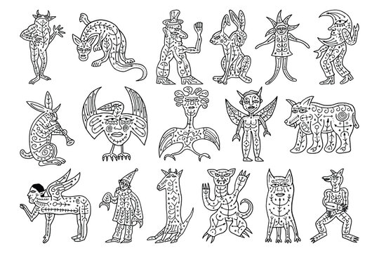 Imaginary mythical creatures and grotesque hybrids in medieval line art style	