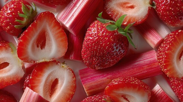 Close up of sliced strawberries and rhubarb with vibrant colors