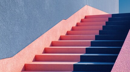 Outdoor staircase alternating pastel pink and deep navy perspective ascending clean symmetry sunlight balanced for vibrancy shadows forming