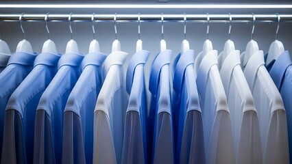 Fototapeta premium blue and white shirts on modern hangers perfect order—where fashion meets function in a well-curated closet