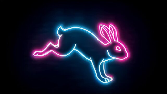 Neon rabbit jumping in dark background with vibrant pink and blue lights