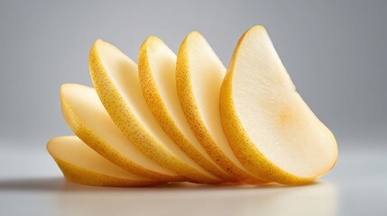 Pear slices arranged in a fan shape, perfectly aligned on a minimalist background. Light smooth skin and translucent edges.