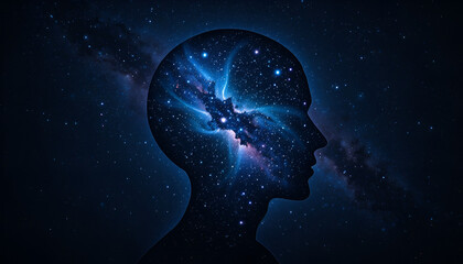 Cosmic Brain with Galaxy Inside Human Head