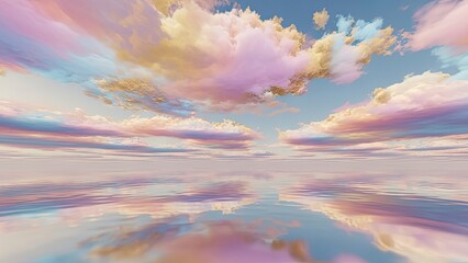 Obraz premium Serene pastel-colored sky with dramatic cloud formations reflected on tranquil water surface at