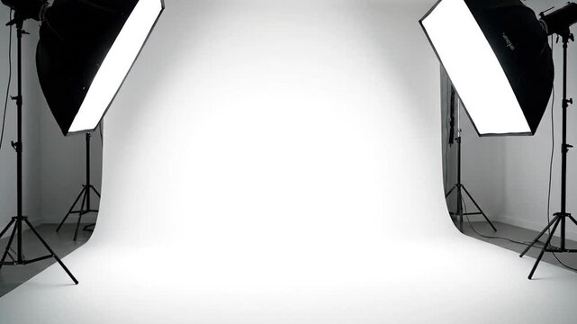 Studio setup with two professional lighting softboxes illuminating a white backdrop