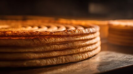 Pizza crust expanding outward in ringed layers like timber growth, caramelized golden ridges sharply in macro, professional studio lighting