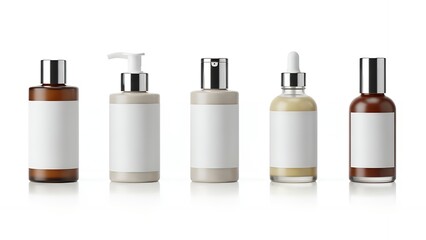 Fototapeta premium Beauty Product Bottles and Jars with Blank Labels on White Background