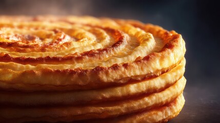 Pizza crust growing like tree rings, concentric golden layers radiating outward with caramelized accents, sharply defined textures in hyper-detailed