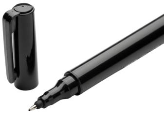 Black fine point liner pen with open cap for writing on a transparent background
