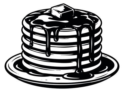 Hand drawn line art illustration of a stack of pancakes depicting dripping syrup and a pat of butter for breakfast and dessert themes