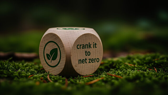 Wooden dice on mossy ground promoting net zero with environmental message - Powered by Adobe