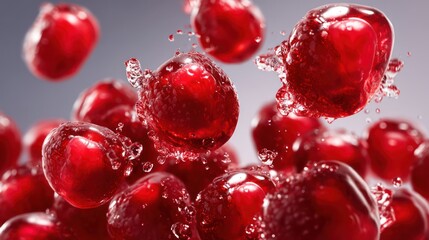 Pomegranate seeds form spherical clusters colliding midair, ruby droplets bursting outward with frozen clarity. Translucent skins glow under professional