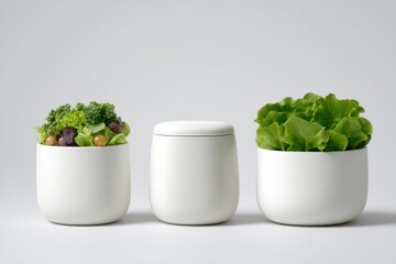 Three white ceramic pots with leafy greens and a covered container