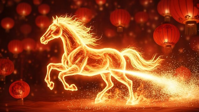 Chinese Zodiac Horse made of fire, galloping through a sea of red lanterns and sparks