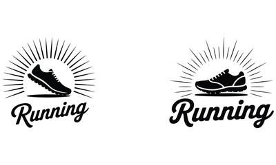Running logo with sunburst, fitness and marathon emblem design
