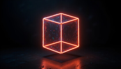 Neon Glowing Cube Outline in Futuristic Dark Space