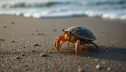 Small Crab Walking on Sandy Beach Shore