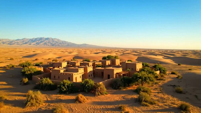 Aerial view of a unique adobe village nestled amongst the rolling dunes of the desert landscape at sunset