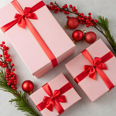 creative composition of pink boxes with red satin