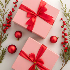 creative composition of pink boxes with red satin