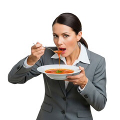 Businesswoman eating tomato soup from bowl