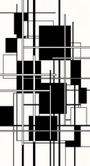 An abstract composition of black and white rectangular shapes with vertical and horizontal lines forming a geometric pattern