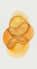 An abstract composition with overlapping organic shapes, featuring fluid gold and amber tones on a white background. The forms blend seamlessly