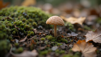 Tiny Mushroom Growing on Mossy Forest Ground