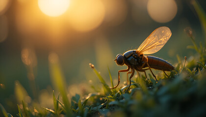 Bee Collecting Nectar at Sunset With Golden Light