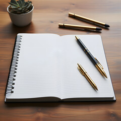 Open notebook with pens