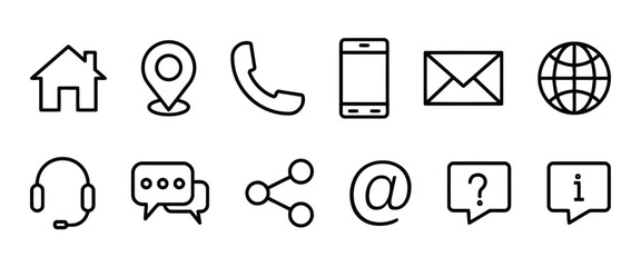 Set of Contact Us Website Mobile Office Business Vector Icon in Line Style Address Phone Mail Location Share Isolated on White Background