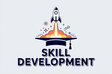 Skill development concept with rocket launching from graduation cap