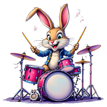 Musical Bunny: A vibrant illustration of a cheerful cartoon bunny enthusiastically playing a full drum set, radiating joy and rhythm.