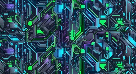 An abstract, detailed illustration shows a futuristic circuit board design with vibrant cyan, green, and purple highlights against a dark blue background