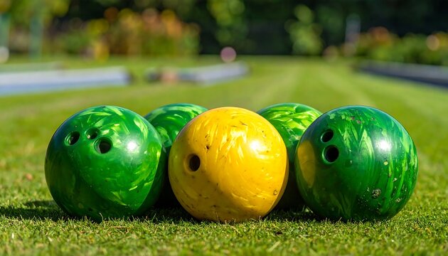 Close-up of lawn bowling balls on vibrant green grass