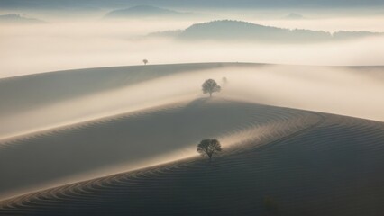 Serene rolling hills shrouded in morning fog with scattered trees creating tranquil landscape scene