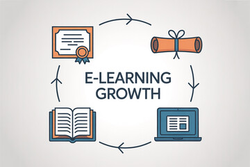E-learning growth cycle with certificate, book, laptop and diploma
