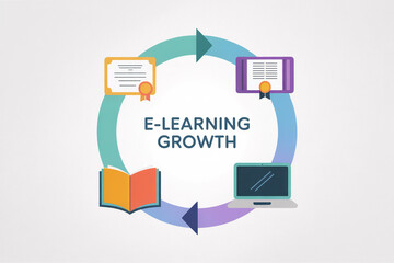 E-learning growth cycle with education icons and laptop