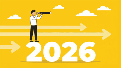 Business vision 2026: Man with telescope looking ahead at future goals and progress